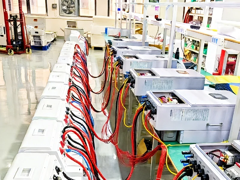 Open battery enclosures with connecting cables on a workbench