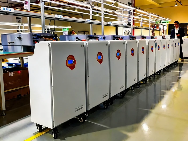 A row of Alishine battery units on the production line